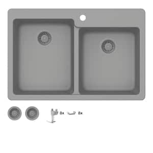 Stonehaven 33 in. Drop-In 60/40 Double Bowl Gray Ice Granite Composite Kitchen Sink with Gray Strainer