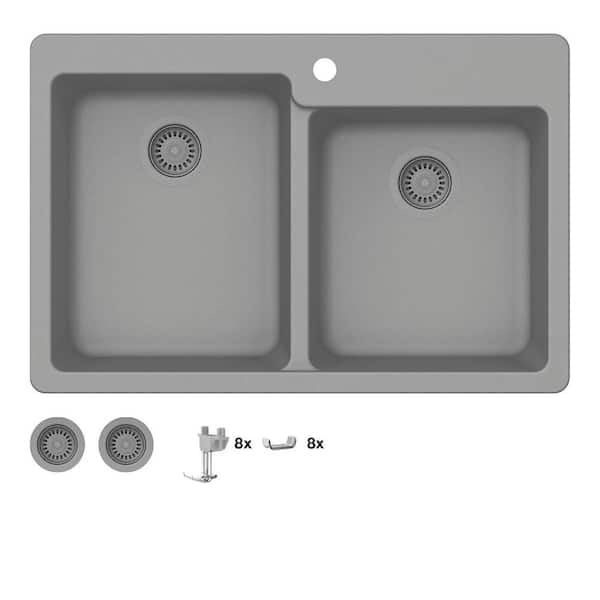 Glacier Bay Stonehaven 33 in. Drop-In 60/40 Double Bowl Gray Ice Granite Composite Kitchen Sink with Gray Strainer