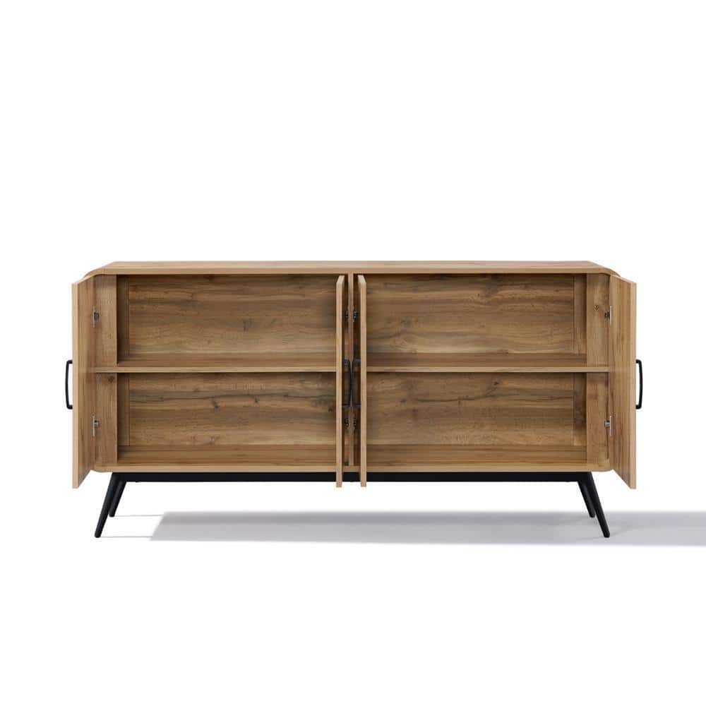 Front view of the brown sideboard cabinet with doors open, revealing two interior shelves.