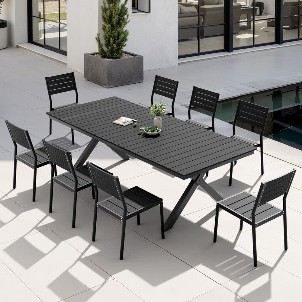 9-Piece 94 in. Black Wood-Like Aluminum Patio Outdoor Dining Set with Umbrella Hole and Stackable Armless Chair price history on PriceWatchPro