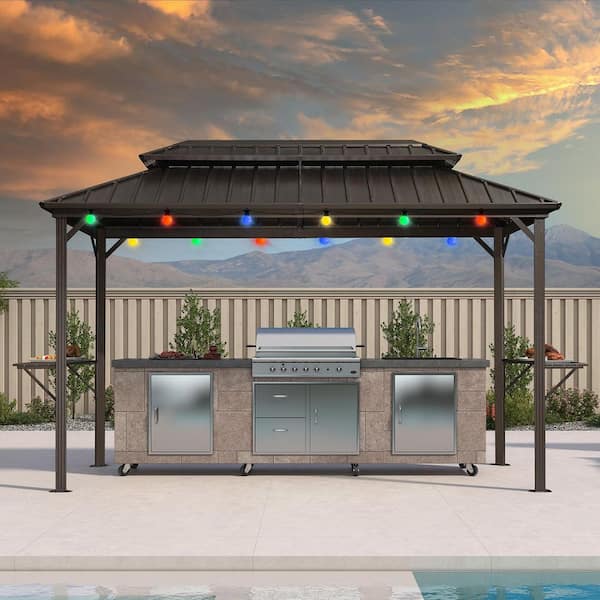 PURPLE LEAF 6.5 ft. x 12 ft. Hardtop Grill Gazebo for Patio Aluminum Barbecue Shelter Gazebo w/Hooks,Shelves Double Tiered 12-Ligths