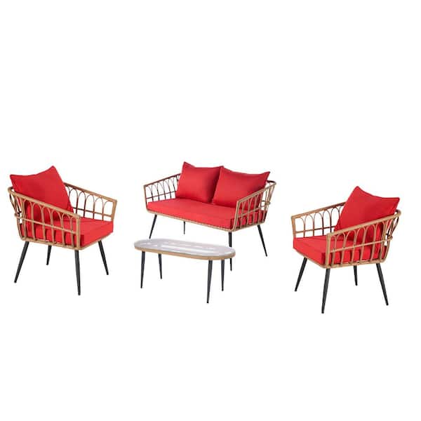 GAWEZA 4-Piece PE Rattan Wicker Patio Conversation Set with Red Cushions