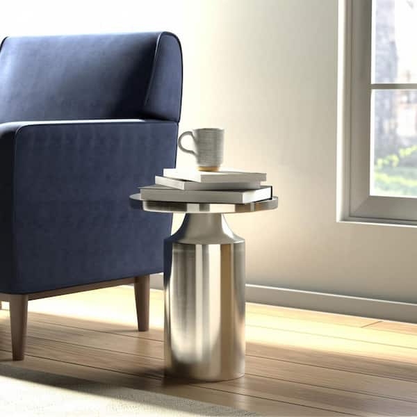 14 in. Silver Circle Iron Brushed Metallic Surface End Table