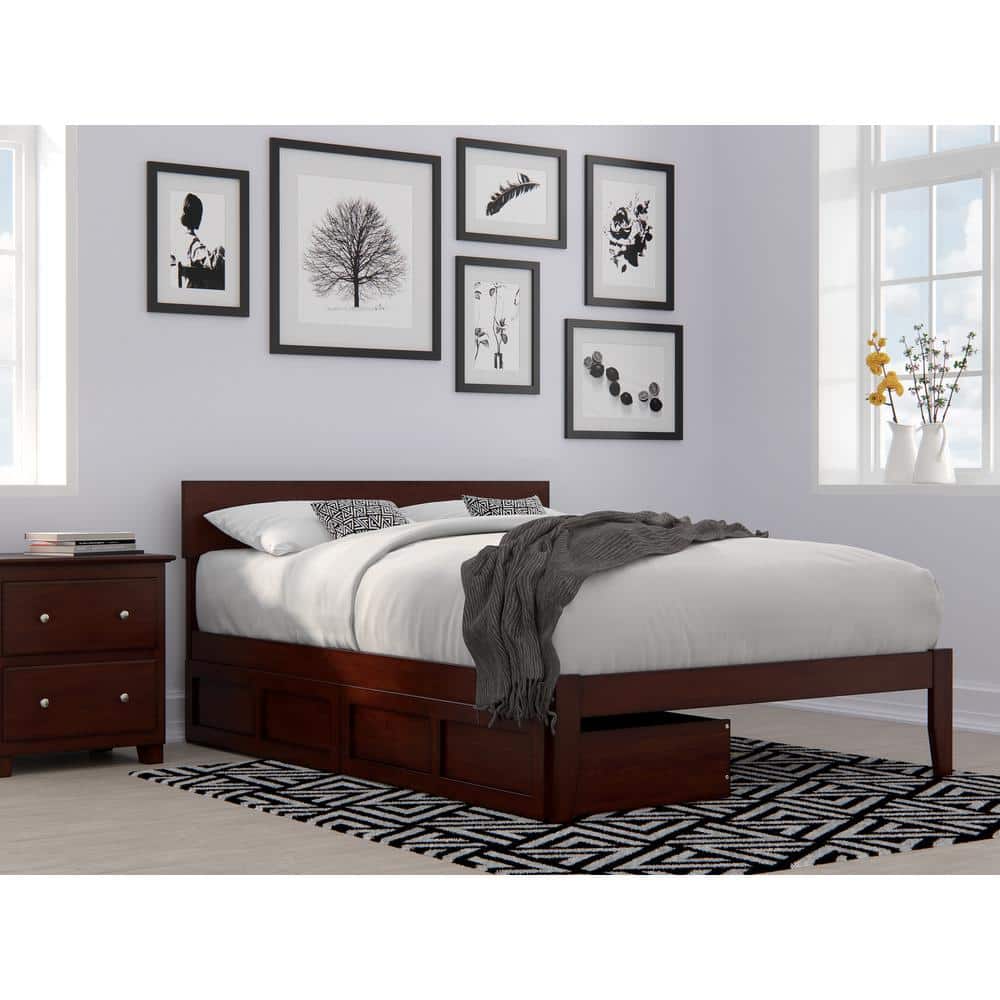 Walnut Full Platform Bed with Storage Drawers and Headboard