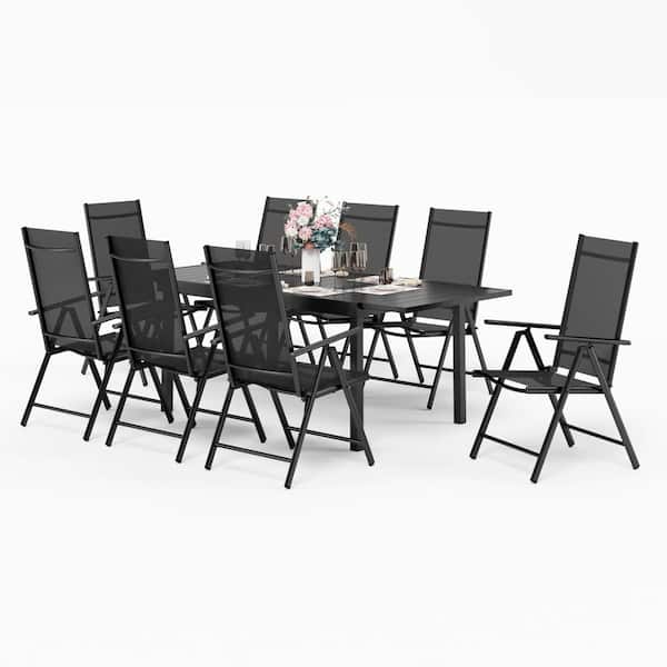 PHI VILLA 9-Piece Metal Patio Outdoor Dining Set with Rectangle Extensible Table and Black Reclining Folding Sling Chair