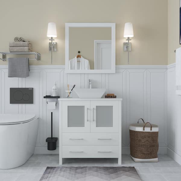 Ravenna 30 in. W Bathroom Vanity in White with Single Basin in White Engineered Marble Top and Mirror