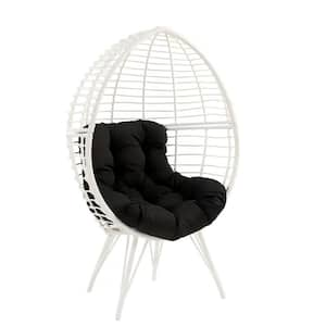 White Wicker Frame Outdoor Lounge Chair, Round Egg Chair with Black Seat Cushion and Back Cushion