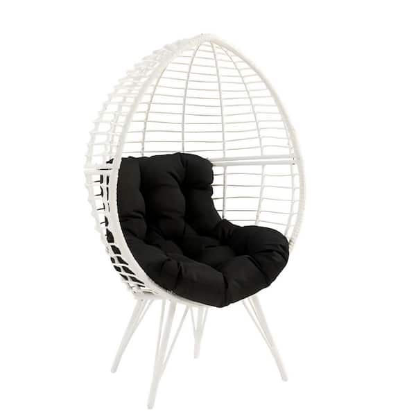 Huluwat White Wicker Frame Outdoor Lounge Chair, Round Egg Chair with Black Seat Cushion and Back Cushion