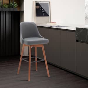 Sicily Swivel 30 in. Grey/Walnut and Black Wood Bar Stool with Grey Faux Leather Seat