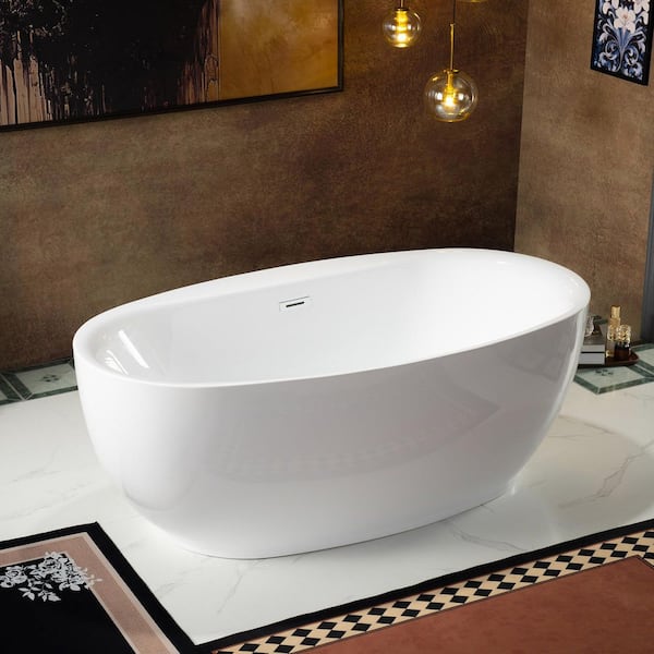 66 in. L x 36 in. W Acrylic Flatbottom Freestanding Soaking Bathtub in White with Polished Chrome Drain