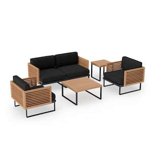 Monterey 4-Seater 5-Piece Aluminum Teak Outdoor Patio Conversation Set With Loft Charcoal Cushions