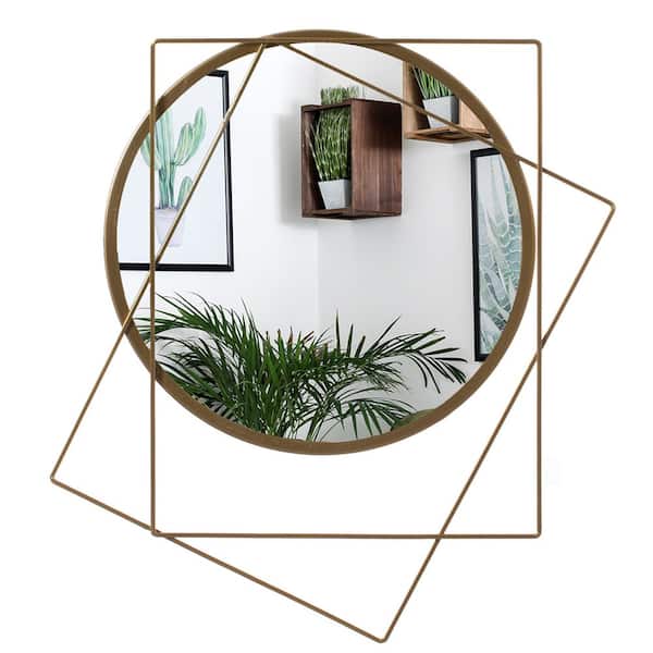 15.75 in. W x 20 in. H, Decorative Circle with 2 Squares Shaped Gold Metal Frame Wall Mounted Modern Mirror