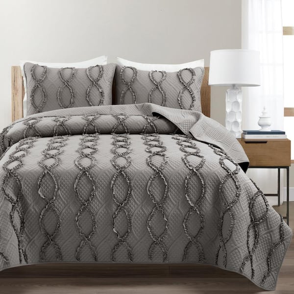 Lush Decor Avon Textured Ruffle Dark Gray Full/Queen Polyester Quilt Set