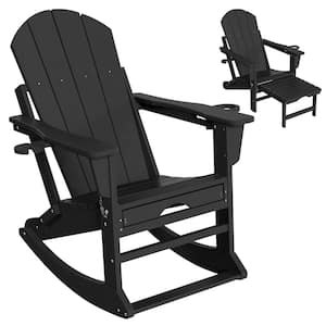 6-in-1 Multi-functional Black Plastic Folding Rocking Adirondack Chair with Dual Cup Holders and Retractable Ottoman