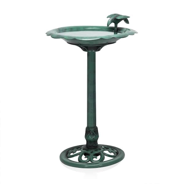 Alpine Corporation 31 in. Tall Outdoor Antique Flower Birdbath with Bird Decoration Yard Statue, Green