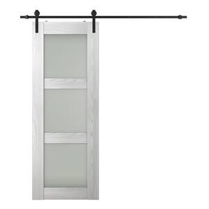 Vona 3-Lite 24 in. x 84 in. Frosted Glass Ribeira Ash Wood Composite Sliding Barn Door with Hardware Kit