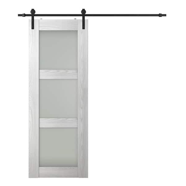 Belldinni Vona 3-Lite 24 in. x 80 in. Frosted Glass Ribeira Ash Wood Composite Sliding Barn Door with Hardware Kit