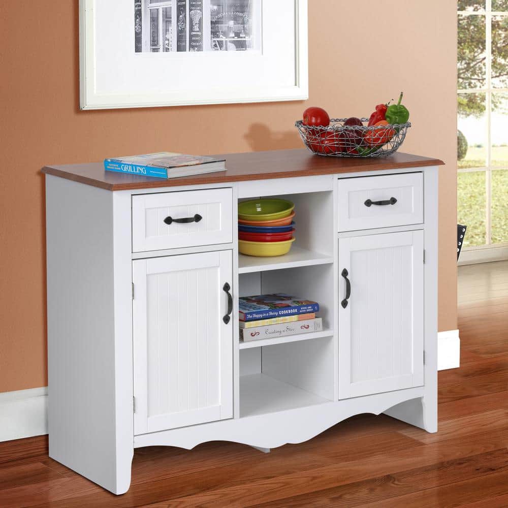 White and Pine Countryside Buffet with Drawers and Doors