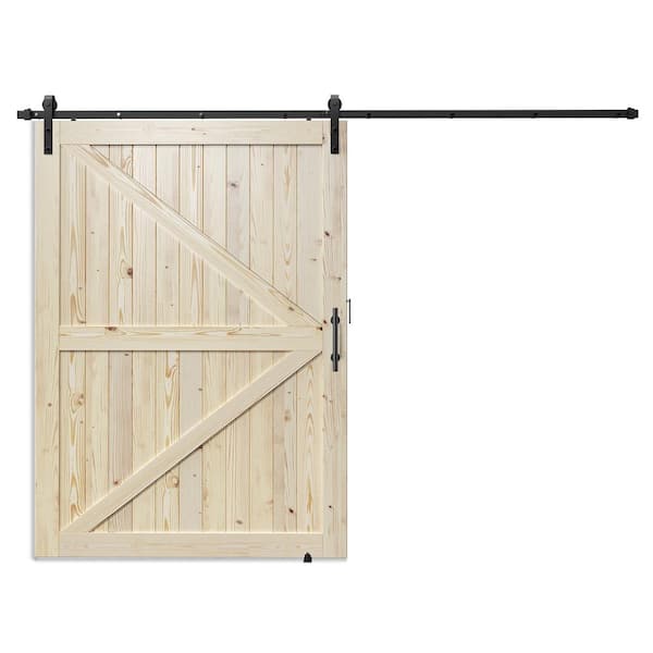 GOLDENPOLEY K Model 60 in. x 96 in. Unfinished Natural Solid Wood Interior Sliding Barn Door with Hardware Kit