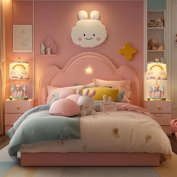 Rottogoon 20.8 in. Pink Resin Table Lamp for Kid Cute Princess