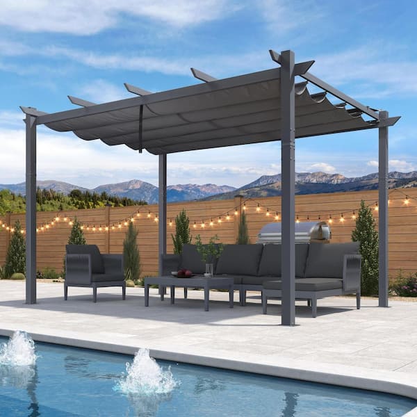 PURPLE LEAF 10 ft. x 13 ft. Dark Gray Aluminum Frame Patio Pergola Gazebo with Gray Retractable Sunshade Canopy and Extra Top Roof