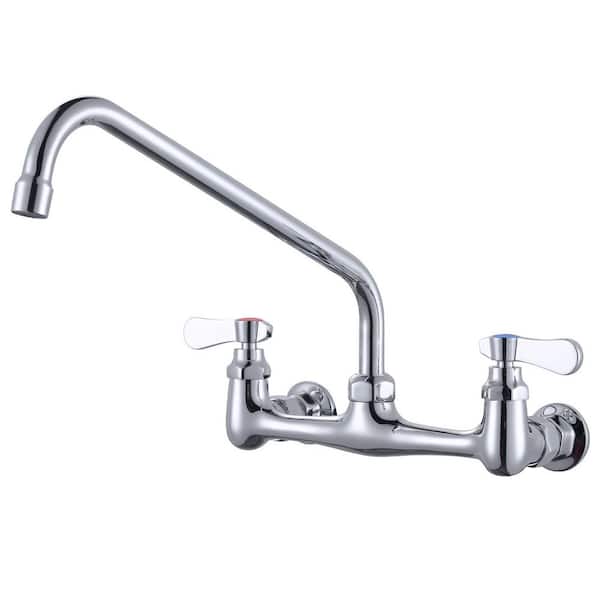 Double Handle Wall Mounted Standard Kitchen Faucet, Commercial Faucet with 14 in. Long Spout in Polished Chrome