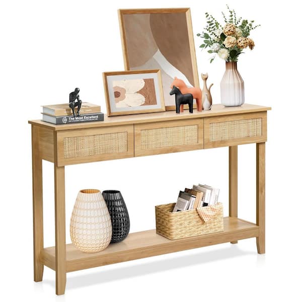 51.18 in Natural Wood-colored Rattan Surface Rectangle MDF Console Table with Two Layers Three Drawers