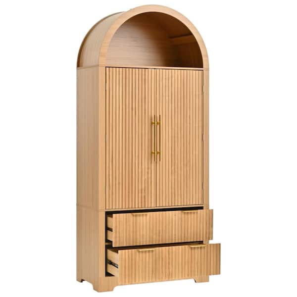 72in Modern Natural Tall Arched Fluted Kitchen Pantry Storage Cabinet with 2 Drawers