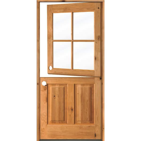 32 in. x 80 in. Farmhouse Knotty Alder Right-Hand/Inswing 4-Lite Clear Glass Clear Stain Dutch Wood Prehung Front Door