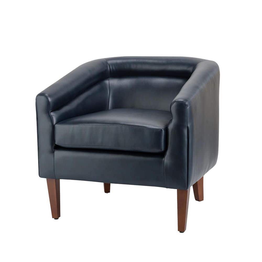 JAYDEN CREATION Liz Navy Vegan Leather Barrel Chair with Wooden Legs ...