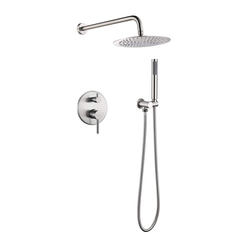 2-Spray Patterns with 1.5 GPM 10 in. Wall Mount Dual Shower Heads in Brushe