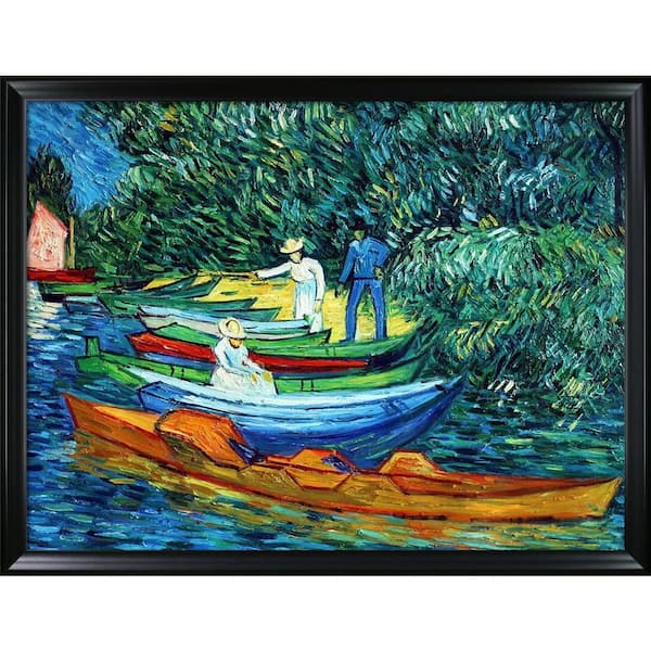 LA PASTICHE Rowing Boats on Banks of Oise by Vincent Van Gogh Black Matte Framed Nature Oil Painting Art Print 41 in. x 53 in.