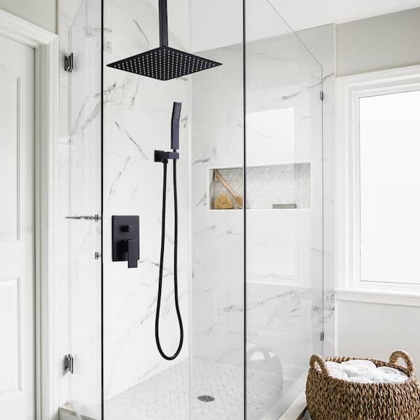 2-Spray Patterns 1. 8 GPM Wall Mount 12 in. Dual Shower Head and Handheld Shower Head in Matte Black