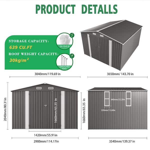 Gray 10 ft. W x 12 ft. D Metal Shed with Lockable Door, Air Vent