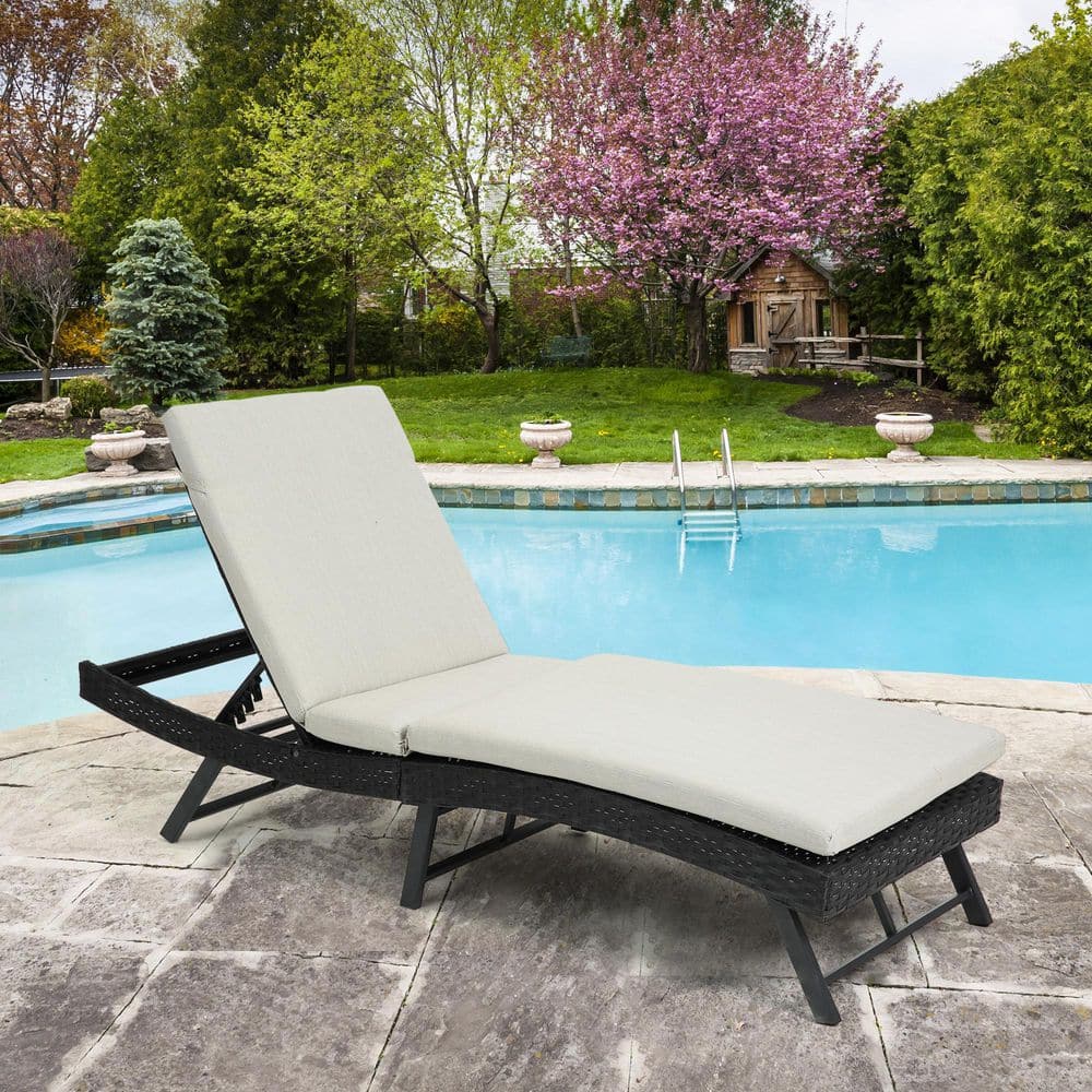 Metal Outdoor Folding Chaise Lounge with Beige Cushion, Adjustable Back
