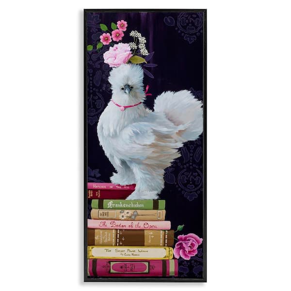 Fancy Vintage Chicken with Books by Heather Gauthier Black Framed Animal Giclee Art Print 24 in. x 10 in.