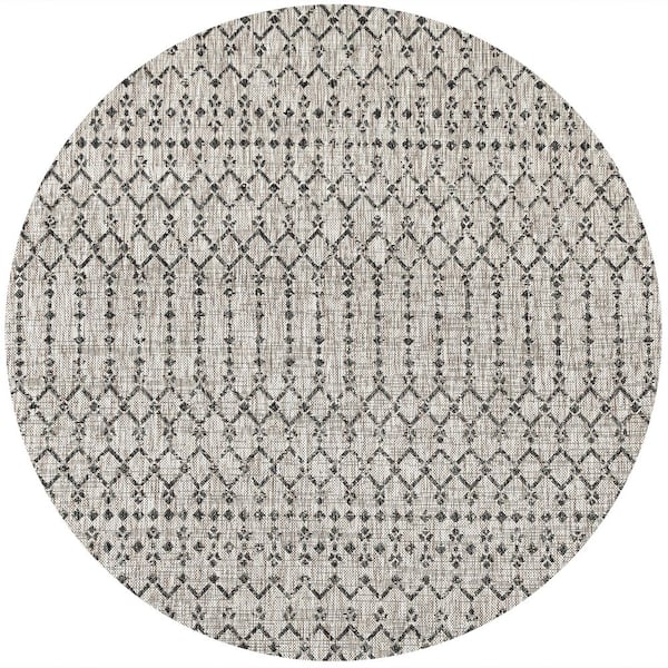 Ourika Moroccan Geometric Textured Weave Light Gray/Black 8 ft. Round Indoor/Outdoor Area Rug