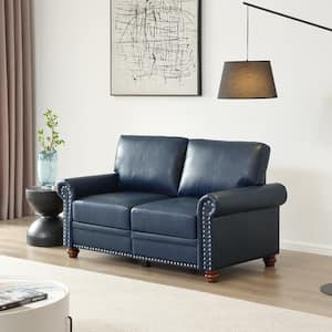 59.45 in. Round Arm Faux Leather Rectangle Mid-Century Modern Sofa with 2 Removable Storage Boxes in. Navy Blue