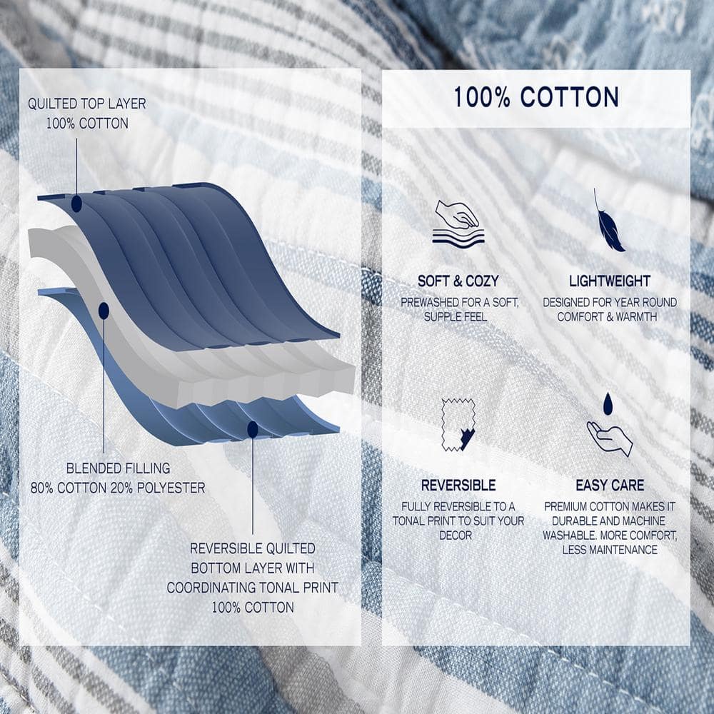 White and Gray Twin Cotton Reversible Quilt Set