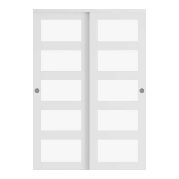 SOCBAZZAR 60 in. x 78.58 in. 5-Lite Frosted Glass White MDF Closet Sliding Door with Hardware Kit
