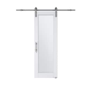 28 in. x 80 in. 1-Lite Tempered Frosted Glass White Finished MDF Sliding Barn Door Hardware Kit Nickel Plated