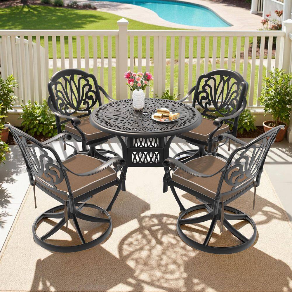 Elizabeth 5-Piece Cast Aluminum Patio Outdoor Dining Set with Round Dining Table, 4 Swivel Chairs and 4 Brown Cushions price history on PriceWatchPro