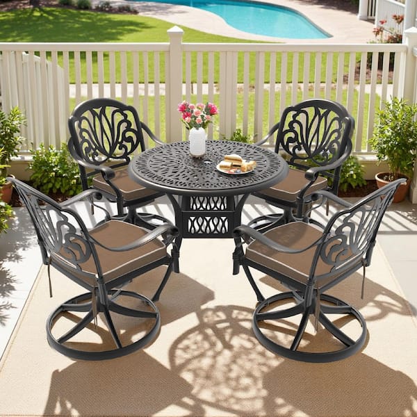 Elizabeth 5-Piece Cast Aluminum Patio Outdoor Dining Set with Round Dining Table, 4 Swivel Chairs and 4 Brown Cushions