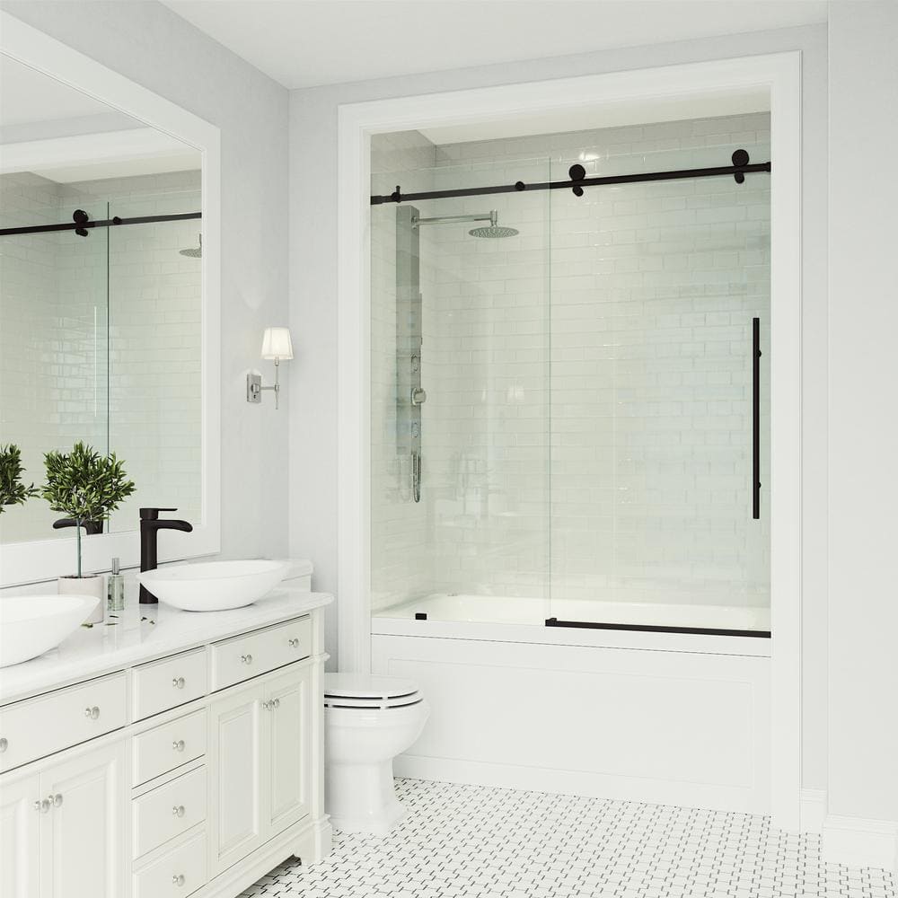 Matte Black Frameless Sliding Tub Door with Clear Glass