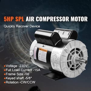 SPL Air Compressor Motor 5HP 5/8 in. Keyed Shaft Electric Single Phase Motor 230-V 16/15 Amp 56HZ Frame CW/CCW Rotation