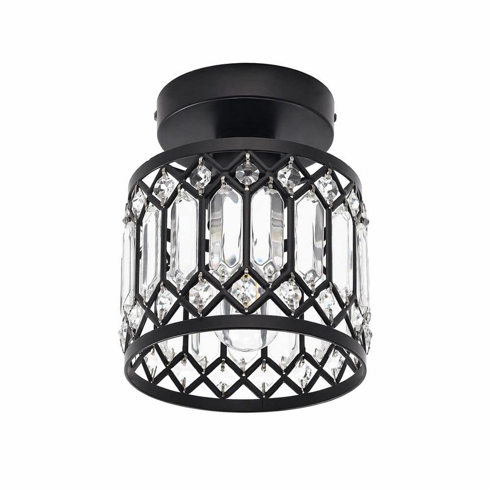 1-Light Matte Black Crystal Flush Mount Ceiling Light, Modern Metal Cage Drum Fixture for Hallway Bedroom Entryway price history on PriceWatchPro