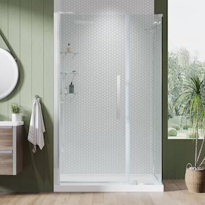 Pasadena 48in. L x 32in. W x 75in. H Corner Shower Kit w/Pivot Frameless Shower Door in Chrome w/Shelves and Shower Pan