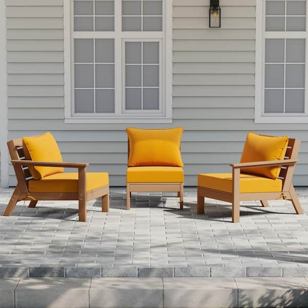 Birchwood Teak Arrangeable Outdoor Patio 3-Piece Deep Seating HDPE Sofa Arm Chair Set w/ Yellow Cushions