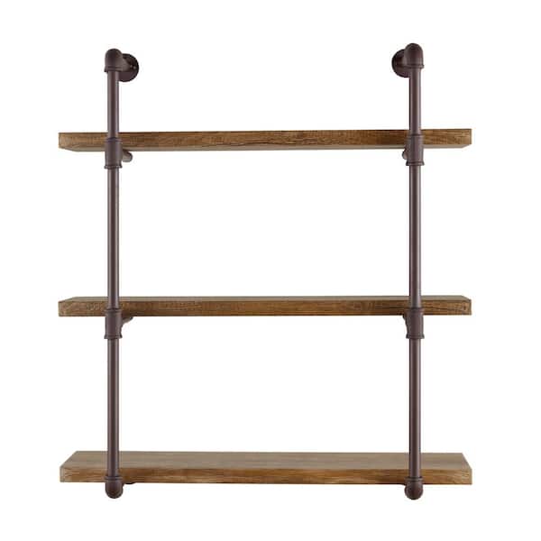 Danya B Urbanne Industrial Aged 3 Tiered Wood Print Mdf And Metal Pipe Floating Wall Shelf Gh073 The Home Depot