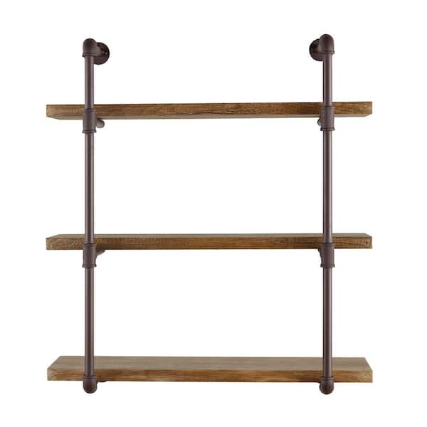 Urbanne Industrial Aged 3-Tiered Wood Print MDF and Metal Pipe Floating Wall Shelf